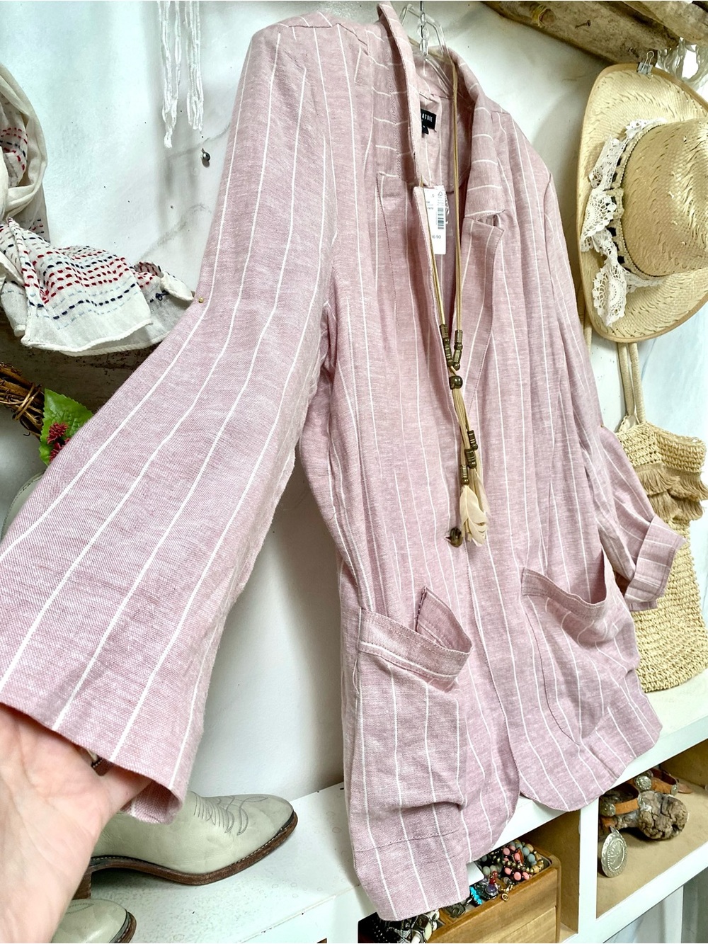 Blush LINEN boho blazer w resort vacay shabby chic summer vibe - Picture 8 of 15